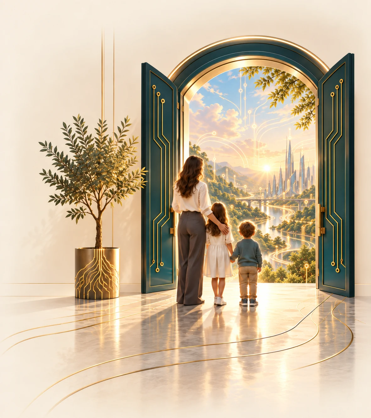 A mother with two children looking through an open doorway toward a future where nature and technology meet